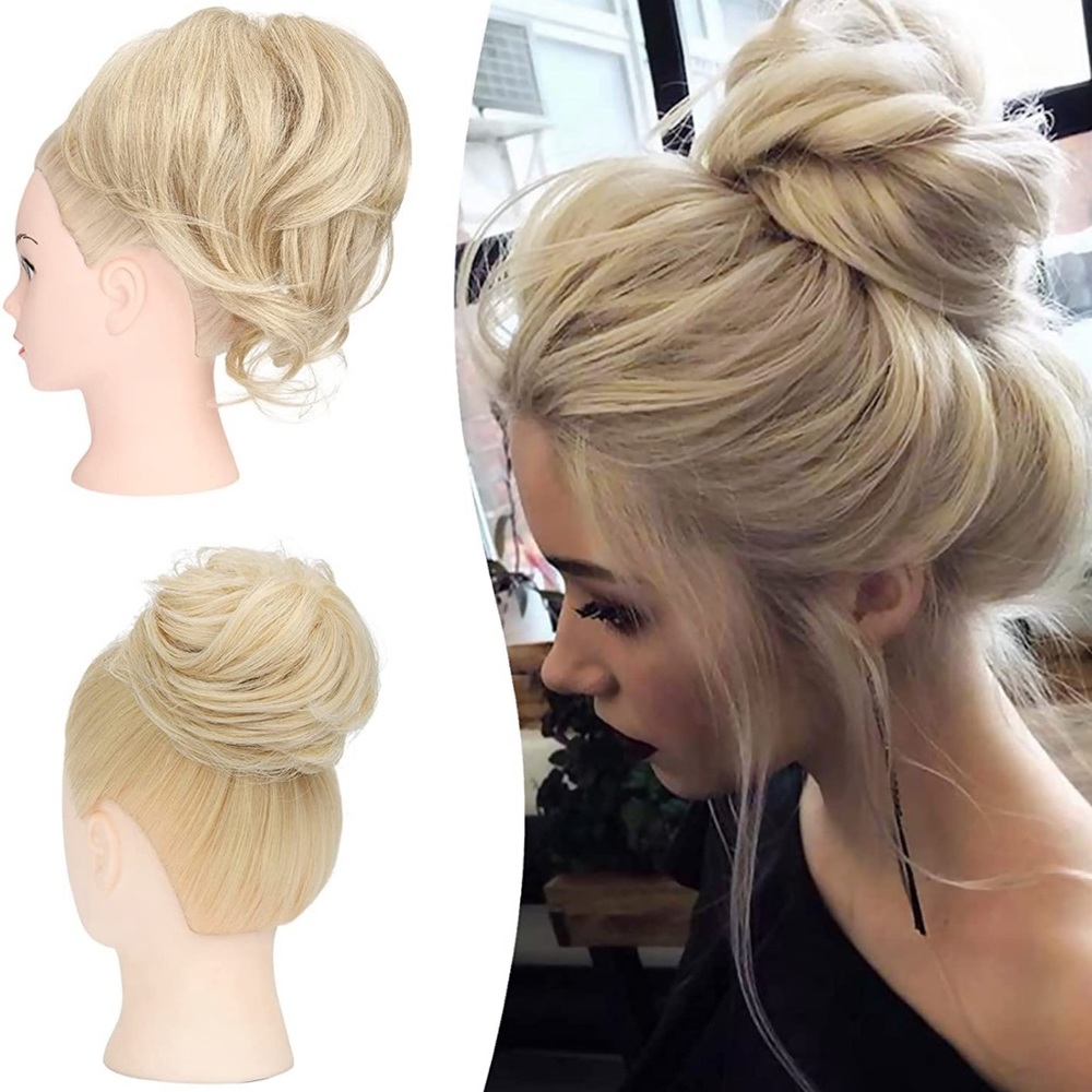 New messy bun hair piece in Medium Blond with highlights